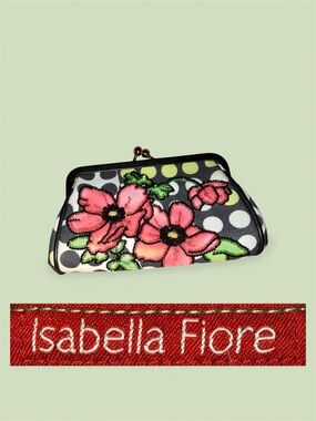 Isabella Fiore Beaded Kisslock Pink Floral Black + White Polka Dot Clutch Wallet